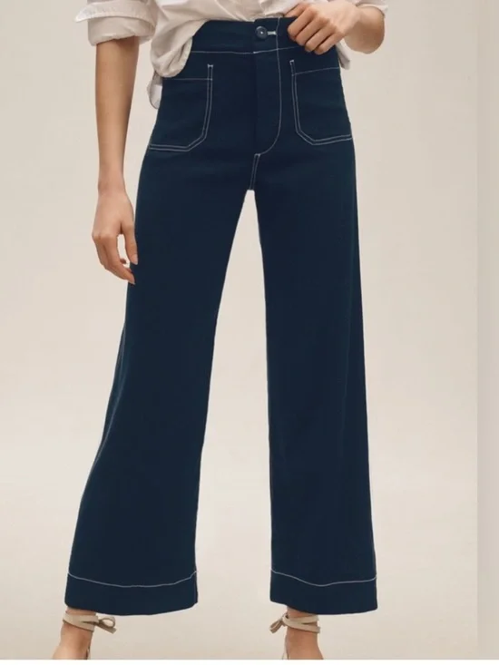 Anthropologie Maeva The Colette Linen Crop Wide Leg Pants Navy Blue Size |28 - Picture 11 of 12